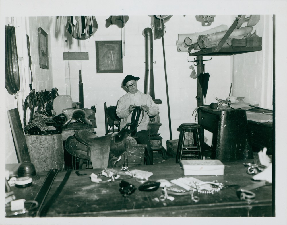 Harness Shop, interior, Albert Thomas at work