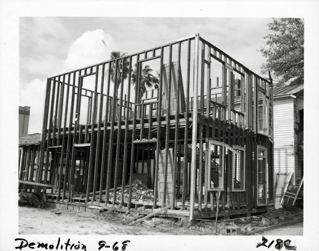 Demolition of Brewster property from Cuna Street, looking Southwest, 1968