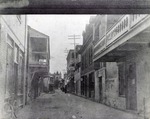 Historic view of St. George Street after paving/covering of street, with Arrivas House and balcony on the immediate right, looking South