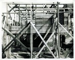 Southwest corner of the Arrivas House during restoration work with framing, looking North, 1961