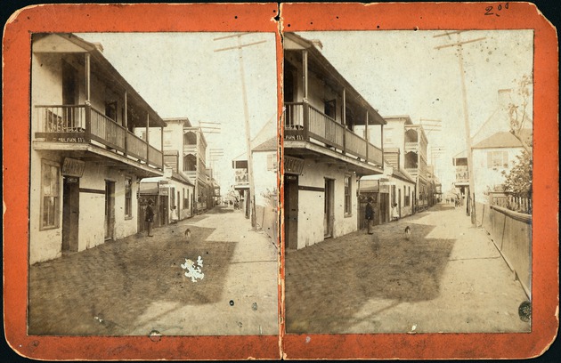 A Stereoview of the Ortega House (on left) and a view down St. George Street, looking North