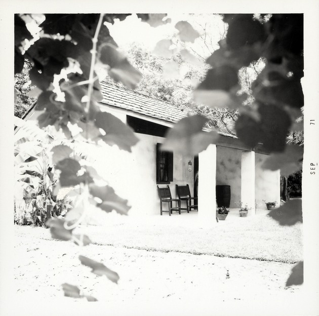 Salcedo Kitchen from under the grape arbor in the rear yard of the Arrivas House, looking Northwest, 1971