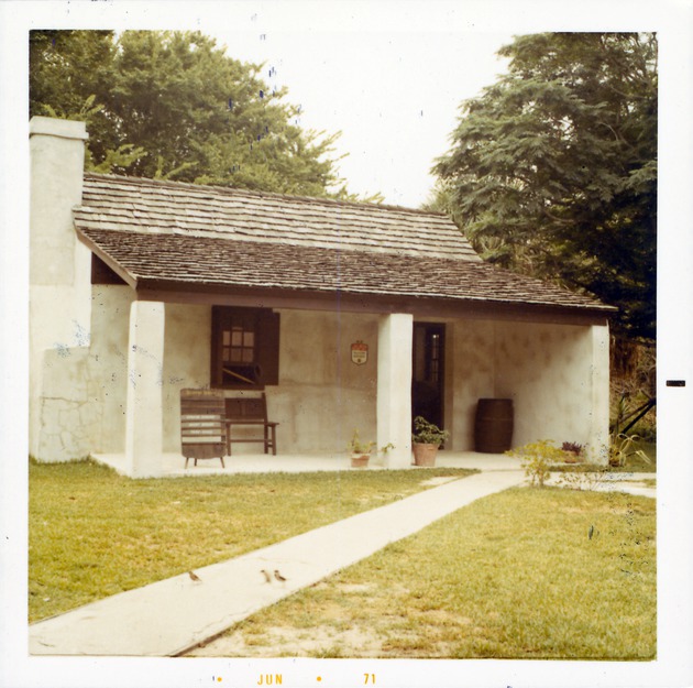 Salcedo Kitchen from side courtyard of the Salcedo House, looking West, 1971