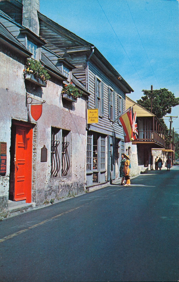 View down the West side of St. George Street, (left to right) Parades-Dodge House, Rodriguez-Avero-Sanchez House, the Arrivas House, Salcedo House (balcony in the far distance), looking North - 