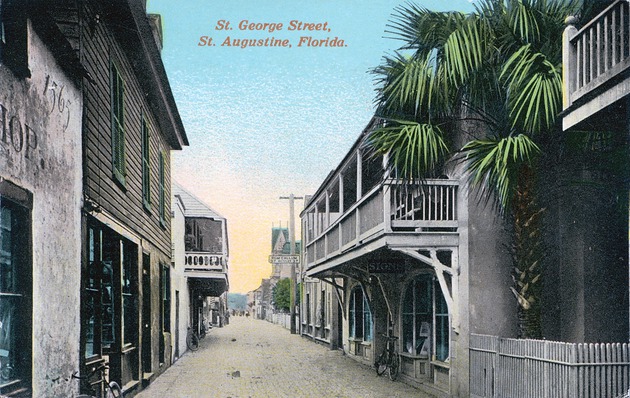 Looking toward the City Gates down St. George Street from in front of the Parades-Dodge House, with the Rodriguez-Avero-Sanchez House on the left with the Arrivas House balcony beyond, and the De Mesa Sanchez House on the right, looking North - 