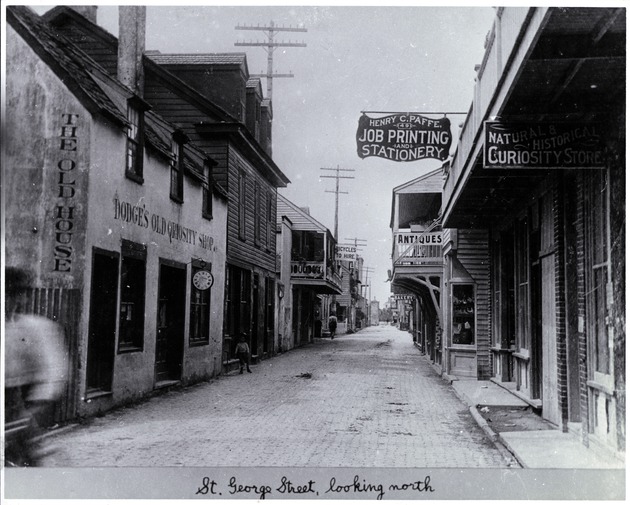 View of St. George Street from near the intersection with Cuna Street, with the Parades-Dodge House on the immediate left and the De Mesa Sanchez House on the immediate right, looking North