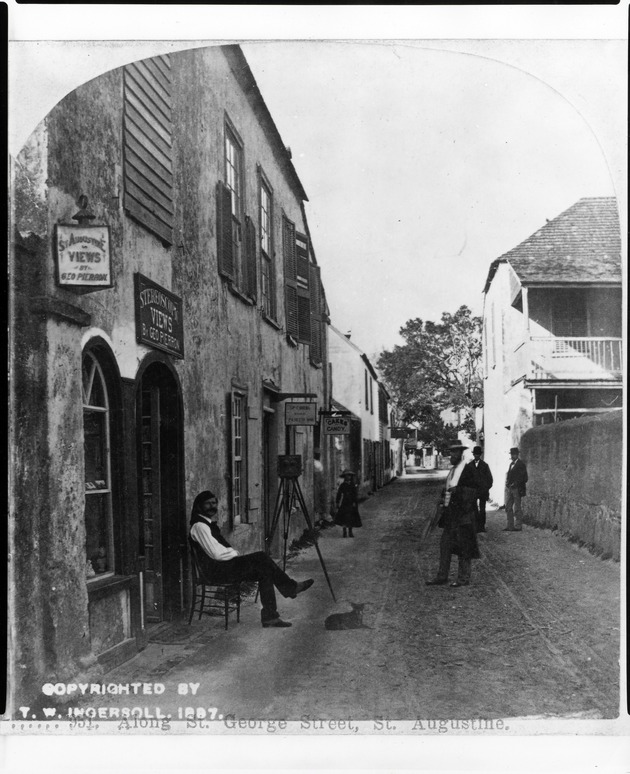 A View down St. George Street and man with his stereoscopic camera sitting in the street with a dog at his feet, sign over the door reads "Stereoscopic Views By Geo. [George] Pierron, 1887