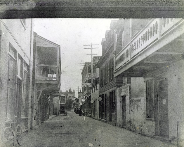 St. George Street just North of Cuna Street intersection, with the Arrivas House on the immediate right and the Avero House on the immediate left, looking North, ca. 1900