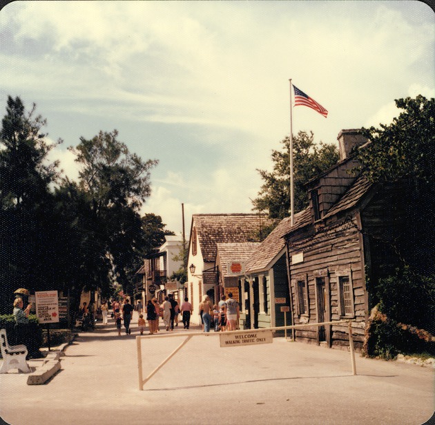 The intersection of St. George Street and Tolomato Lane with the Oldest Wooden School House on the right, looking South