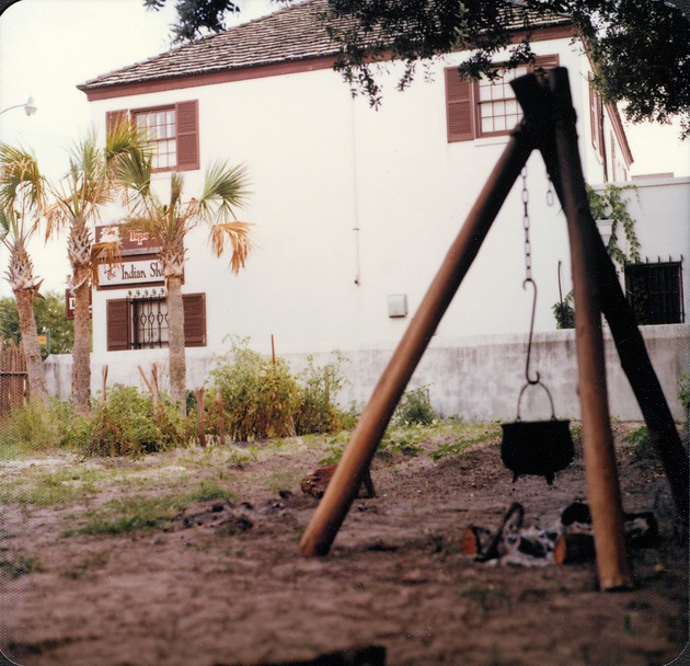 Cooking re-enactment, part of the San Agustin Antiguo (Spanish Quarter) Museum, with Tepee Town in the background, looking South