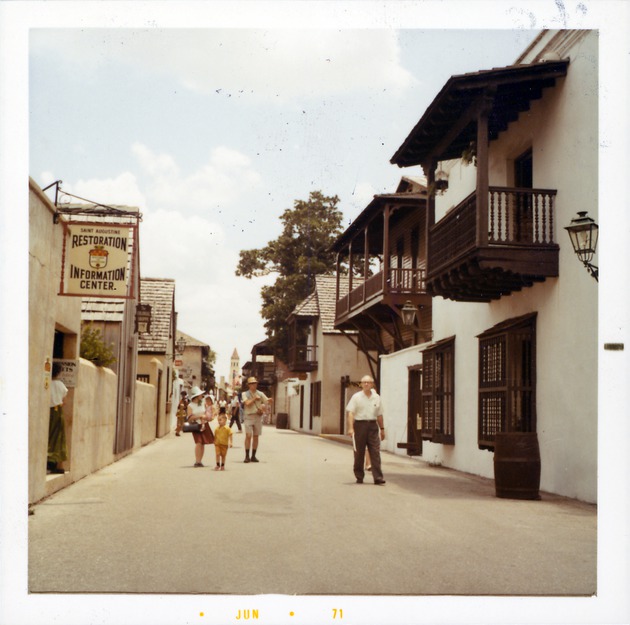 St. George Street from the intersection with Fort Alley, with the Gallegos House on the immediate left and the Ribera House on the immediate right, looking South, 1971