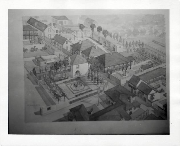 Rendering of an overview of the Hispanic Gardens and the Pan American Center (Marin-Hassett House) at the corner of St. George Street and Hypolita Street, looking Northeast