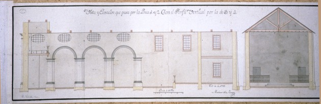 View and Elevation with verticle outline of the parochial church of San Agustin
