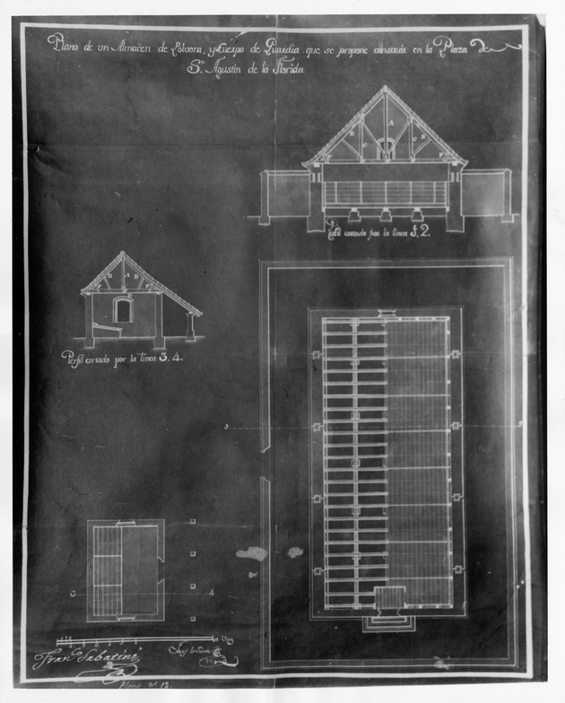 Plano de un Almacen de Polvora Y Cuerpo de Guardia que se Propone Construir en la Plaza de San Agustin de la Florida, Francisco Sabatine (Negative)