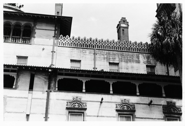 Detail of Moorish crenelation on 4th floor level of Hotel Ponce de Leon, taken from the courtyard, looking North, 1987