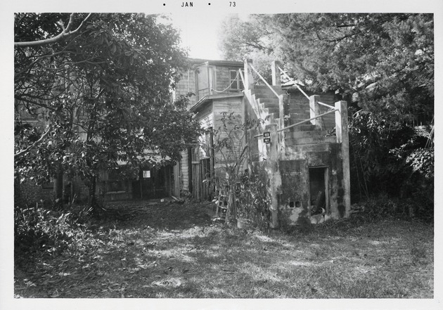 Rear of the structure on the Peso de Burgo property prior to demolition, looking West, 1973