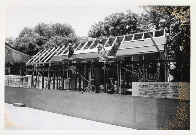 Constructing the Peso de Burgo House, lining the roof, view from St. George Street looking Northeast, 1973