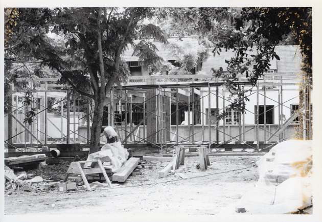 Constructing the Peso de Burgo House, framing the structure, view from the rear yard looking West, 1973