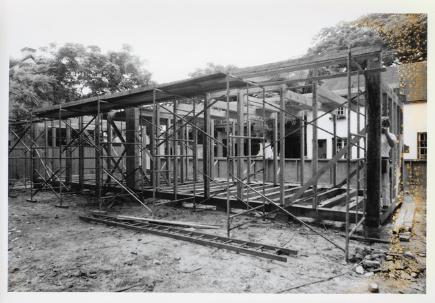 Constructing the Peso de Burgo House, framing the structure, view from the rear yard looking Southwest, 1973