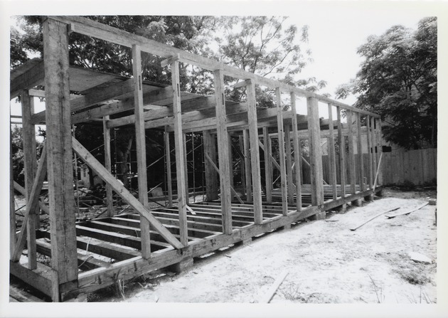 Constructing the Peso de Burgo House, framing the structure, view from St. George Street looking Southeast, 1973