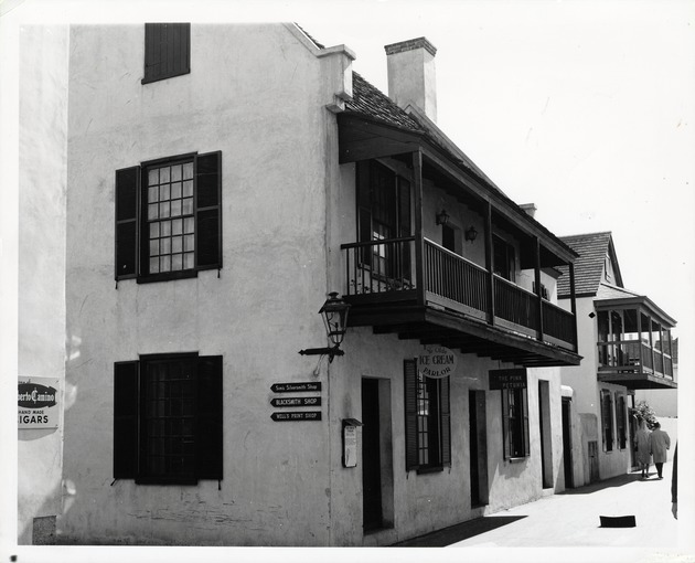 The Benet House as Ye Olde Ice Cream Parlor from the corner of St. George Street and Cuna Street, looking Southeast, ca. 1968