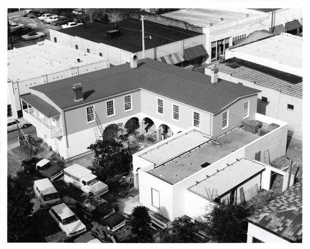 Restoration work on the Peña-Peck House nearing completion, from roof of the Cathedral Basilica, looking Northwest