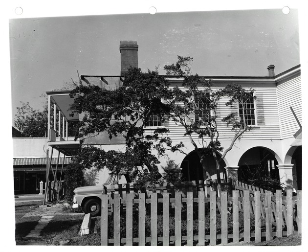 East loggia and side of the Peña-Peck House on the courtyard during restoration, looking West, 1968