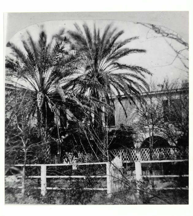 Half of a stereoview showing the courtyard of the Peña-Peck House, looking Northwest, ca. 1890