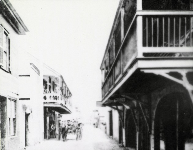 Historic image of De Mesa Sanchez House (immediate right) looking North down St. George Street, ca. 1890
