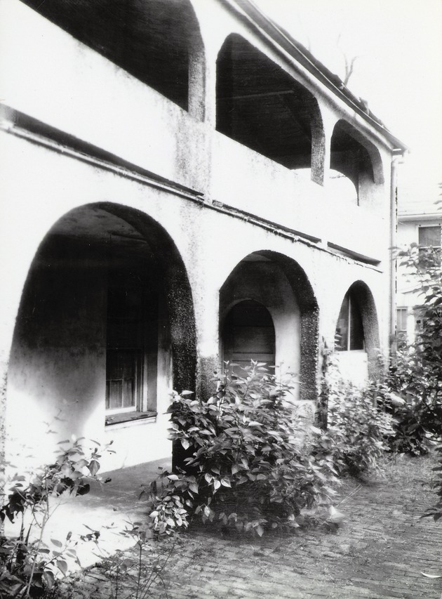 South loggia of the De Mesa Sanchez House from the courtyard, looking Northeast, ca. 1950s