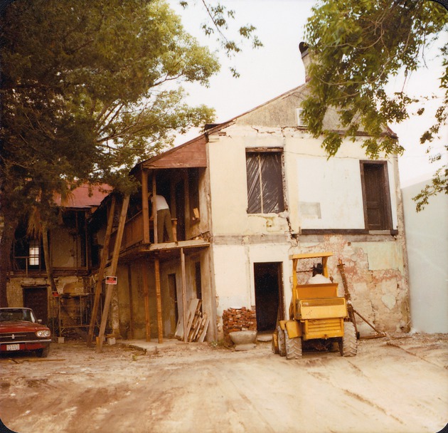 The rear of the De Mesa Sanchez House during restoration work, looking West, 1979