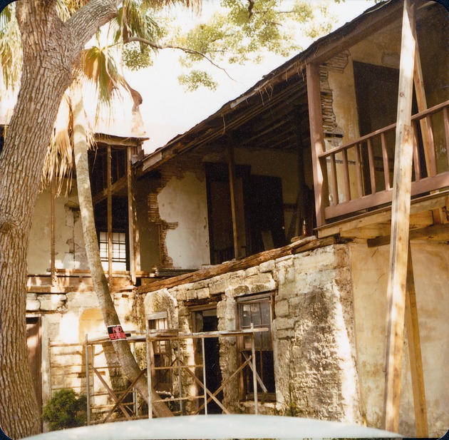 Northeast corner of the courtyard of the De Mesa Sanchez House during restoration work, 1979