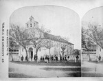 Half of a stereoview of the cathedral of St. Augustine with a band relaxing in front, as seen from the Plaza de la Constitucion, looking Northwest, ca. 1870
