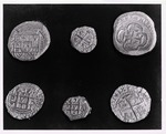 Spanish coins on display in an exhibit at the Wakeman House, ca. 1968