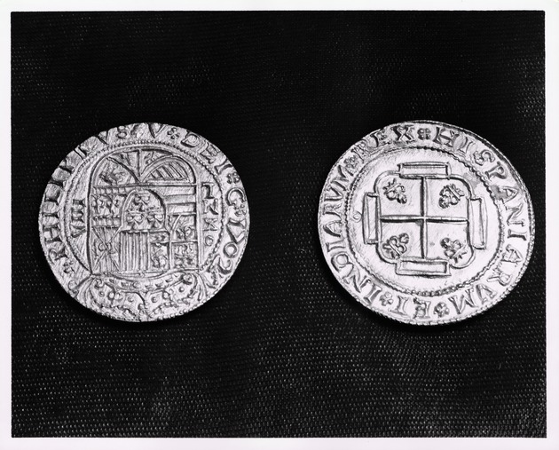 Two gold coins on display at the Wakeman House, ca. 1968