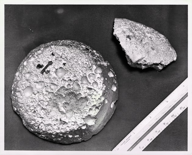 A gold disc and smaller gold chip both found on a ship wreck from 1715, on display in an exhibit at the Wakeman House, ca. 1968