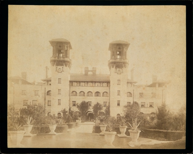 The Alcazar Hotel from the fountain in front of the main entrance, looking South, ca. 1890s - 