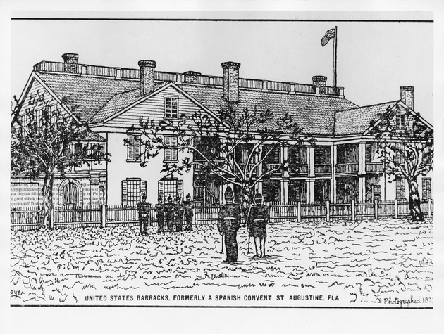 Pen and ink drawing from a historic photograph of the St. Francis Barracks, looking west, original image from 1875