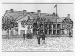 [1875] Pen and ink drawing from a historic photograph of the St. Francis Barracks, looking west, original image from 1875
