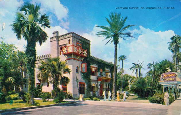 Postcard of the Villa Zorayda with women in costume in front, looking Southwest, ca. 1970 - Front