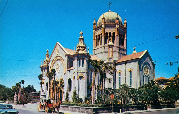 Postcard of the Flagler Memorial Presbyterian Church with a horse-drawn carriage out front, view from the corner of Sevilla Street and Valencia Street, looking Northwest, ca. 1970 - Front