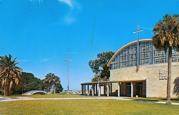 Postcard of the Prince of Peace Catholic Church and Beacon of Faith Cross at the Nombre de Dos Mission Site - Front