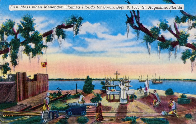 Postcard with an illustration of the First Mass following the landing of Pedro Menendez and his crew - Front