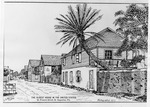 [1875] Pen and ink drawing from a historic photograph of the Oldest House and a view down St. Francis Street, looking West, 1875