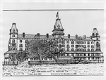 Pen and ink drawing from a historic photograph of the Hotel San Marco, located to the North of the City Gates and destroyed by fire in 1897