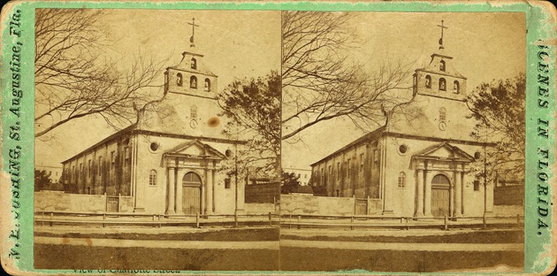A stereoview of the Cathedral as seen from the Plaza de la Constitucion looking Northeast, ca. 1880 - Front