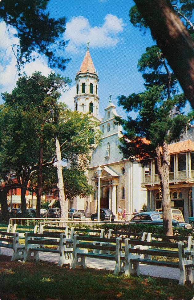 A postcard of the Cathedral Basilica from the Plaza de la Constitucion, looking Northwest, ca. 1965 - Front