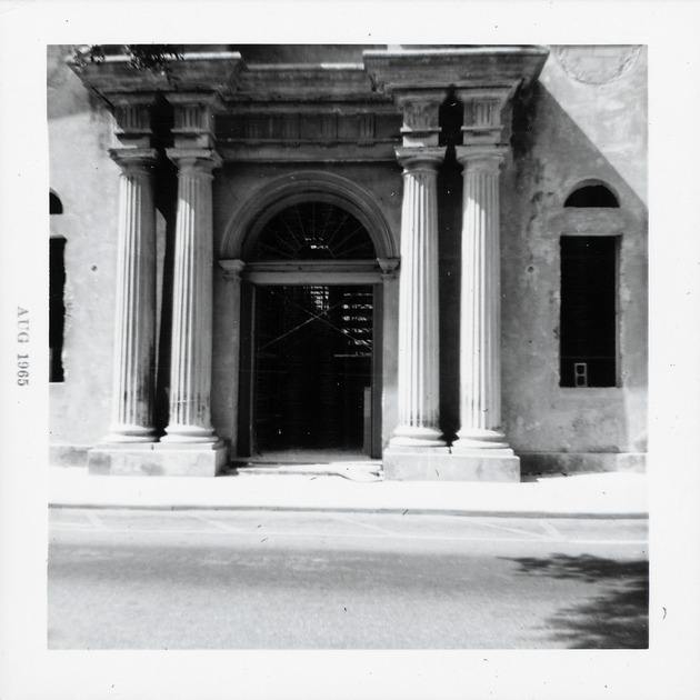 Detail of the portico and front doorway to the Cathedral Basilica from Cathedral Place, looking North, 1965