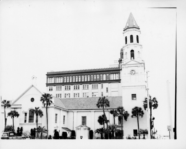 The west elevation of the Cathedral Basilica with the Exchange Bank Building in the background, looking East, 1967