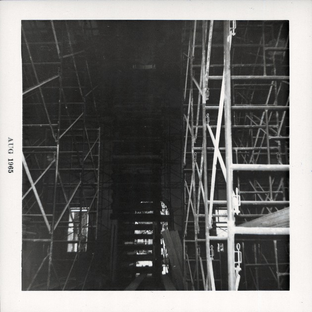 Interior of the Cathedral Basilica during restoration, shoring and scaffolding, 1965 - 